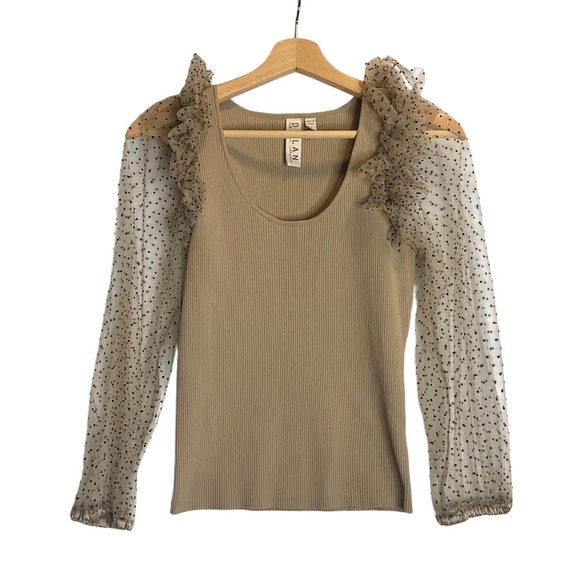 Dolan Anthropologie Ribbed Top Sheer Puff Polka Dot Sleeves Coquette Feminine  S - Picture 2 of 8